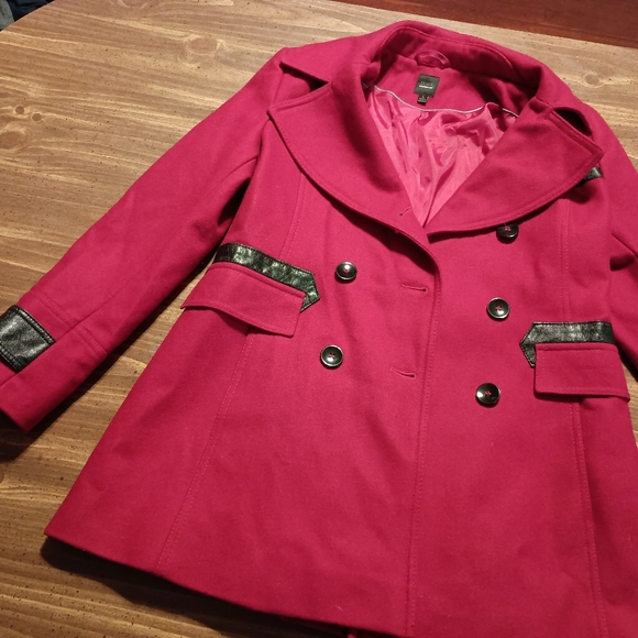 RED PEACOAT - SAKS FIFTH AVENUE - Large // Jacket Trenchcoat Winter Pea Coat - Picture 3 of 13